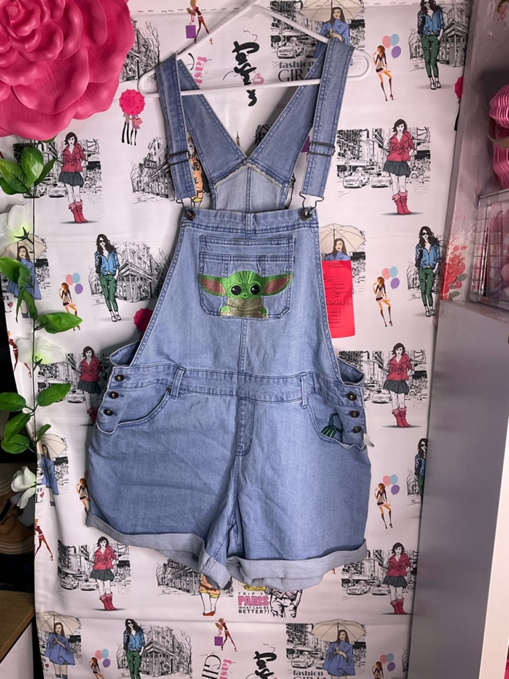 Star Wars Light Blue Denim Baby Yoda Short Overalls Romper